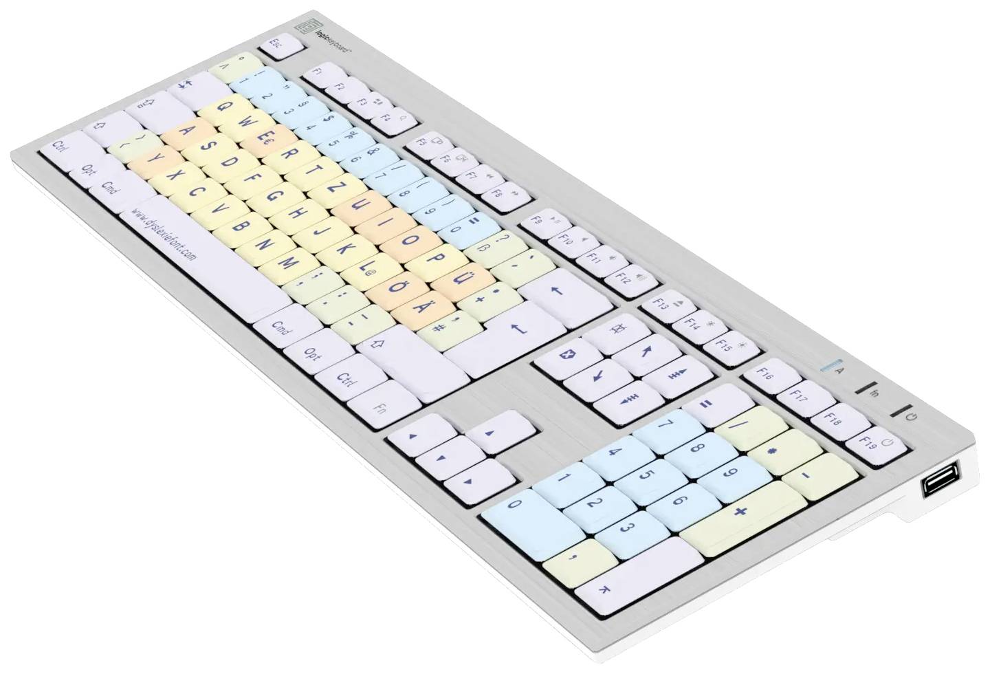 Computertastatur mit farblich markierten Tasten. Jede Tastengruppe hat eine andere Pastellfarbe, was die Unterscheidung erleichtert.