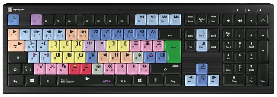 Computertastatur mit farbkodierten Tasten für Videobearbeitungssoftware. Jede Farbe repräsentiert eine Funktion oder Shortcut.