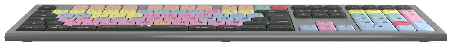 Eine Computertastatur mit farbigen Tasten, die verschiedene Funktionen wie Schnitt, Ton und andere Bearbeitungswerkzeuge darstellen.