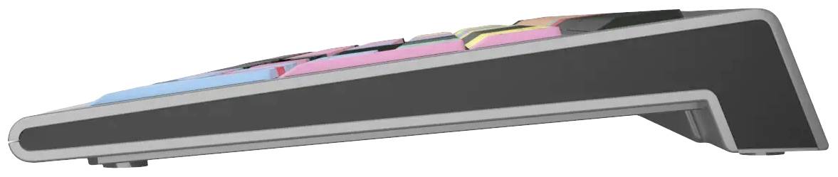 Eine Tastatur mit seitlicher Perspektive, zeigt bunte Tasten auf einem schwarzen Gehäuse mit einem modernen, schlanken Design.