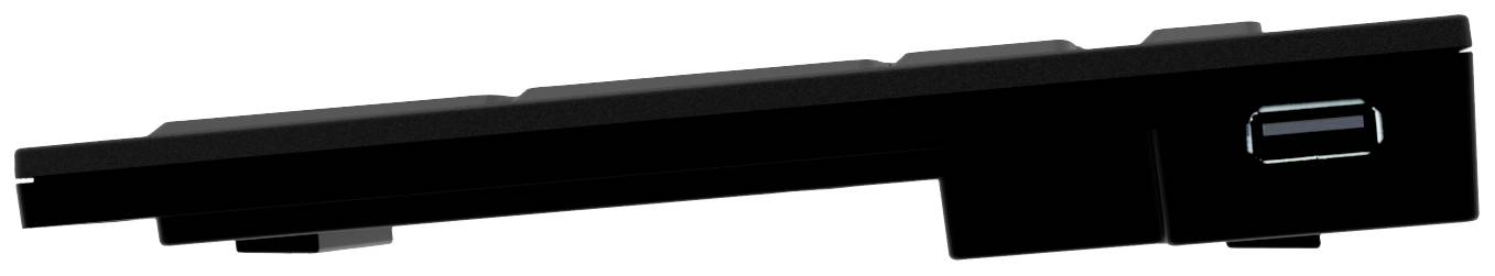 Schwarze Computer-Tastatur in seitlicher Ansicht, die flach auf einer Oberfläche liegt. USB-Anschluss an der rechten Seite sichtbar.