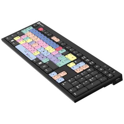 Computertastatur mit farbkodierten Tasten zur Bearbeitung von Videos, einschließlich Symbolen und Kurzbefehlen für Videobearbeitungssoftware.
