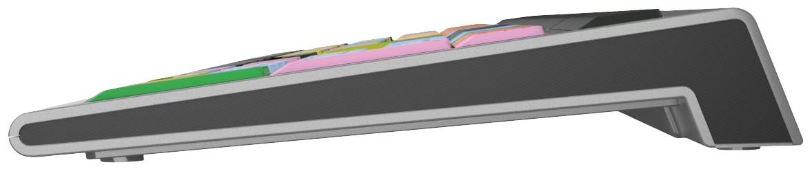Seitliche Ansicht einer hochgestellten, bunten Computertastatur mit mehreren farbigen Tasten, die auf einem angewinkelten Sockel ruht.