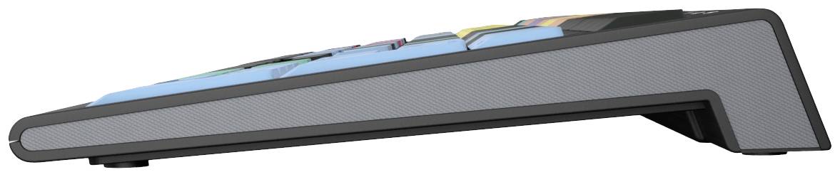 Seitlicher Blick auf eine Tastatur mit bunten Tasten. Die Tastatur hat ein leicht geneigtes Design für ergonomisches Tippen.