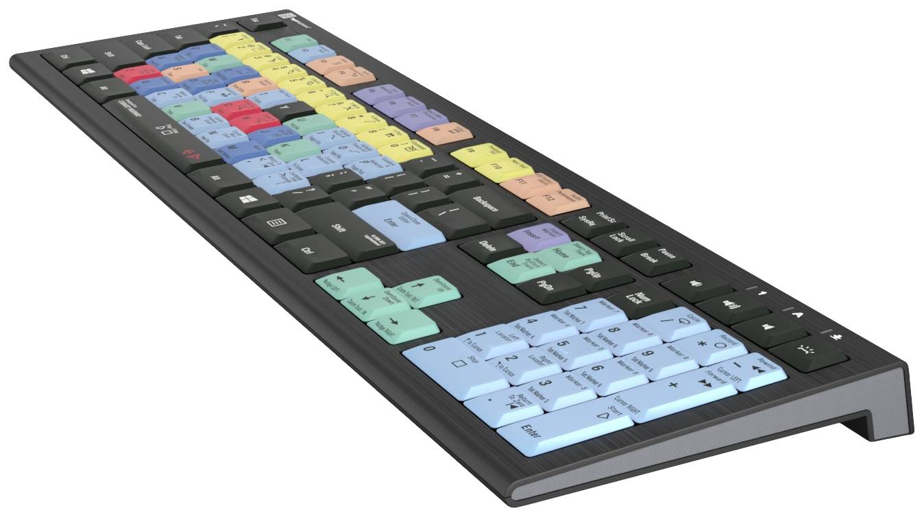 Eine Tastatur mit bunten, beschrifteten Tasten. Jedes Segment in eigener Farbe für unterschiedliche Funktionen, speziell für Software-Shortcuts.