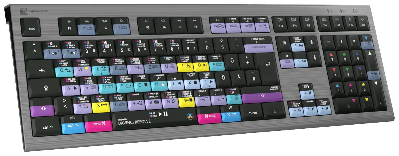 Logickeyboard Davinci Resolve Astra Kabelgebunden Tastatur Deutsch, QWERTZ Grau Multimediatasten, USB-Hub, Geräuscharme 