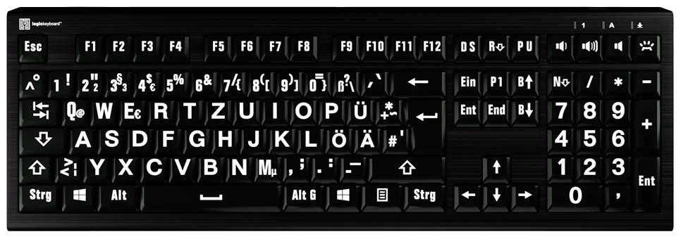 Eine deutsche QWERTZ-Tastatur mit großen weißen Tastenbeschriftungen auf schwarzem Hintergrund, nützlich für Menschen mit Sehbehinderungen.