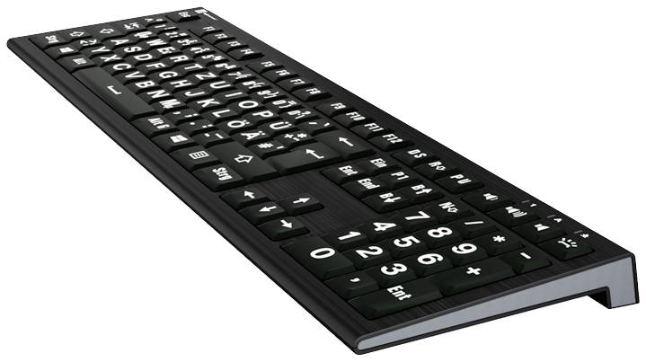 Eine schwarze Tastatur mit weißen, kontrastreichen Buchstaben und Symbolen, speziell gestaltet für bessere Sichtbarkeit und barrierefreies Tippen.