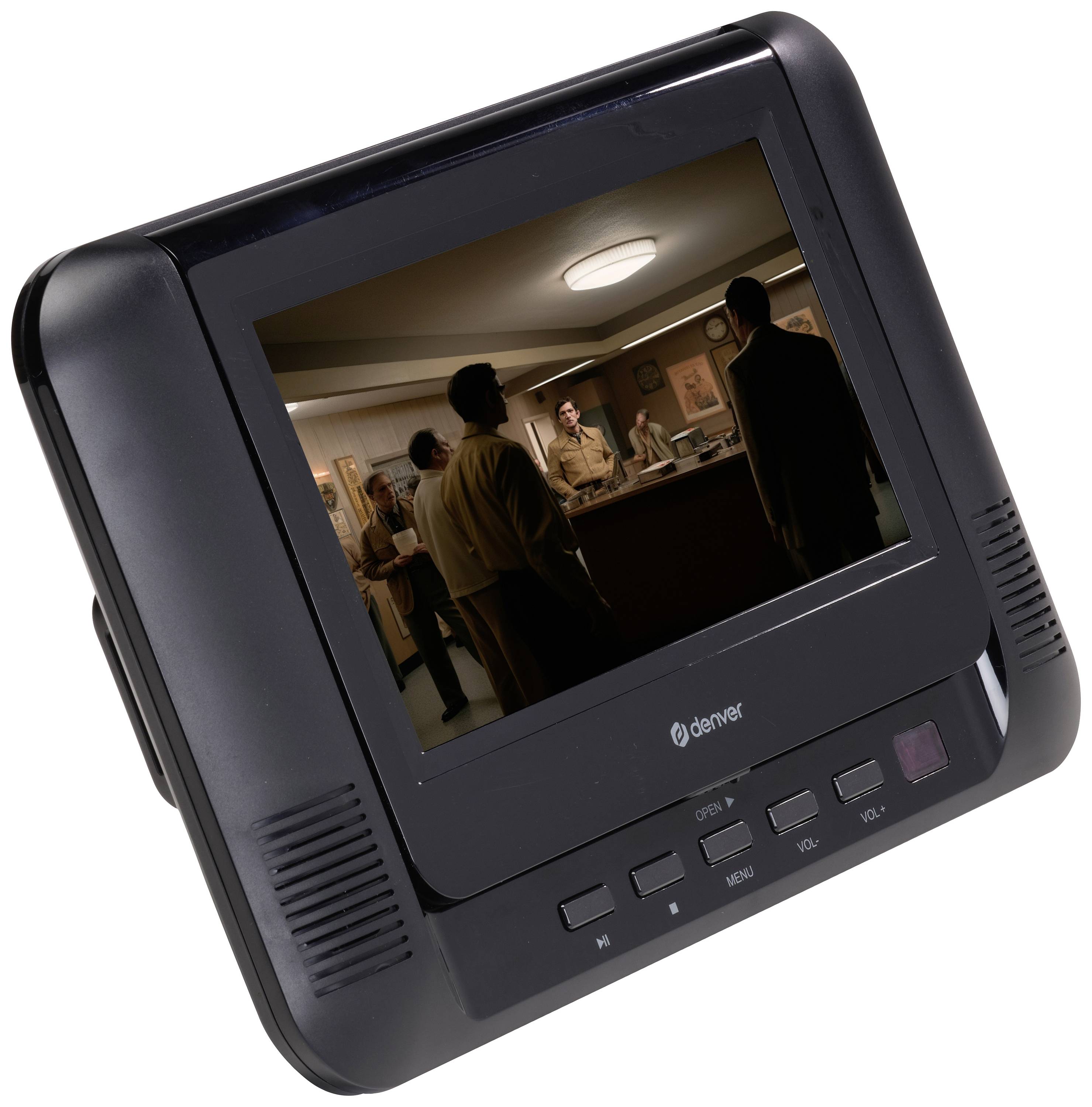 Tragbarer DVD-Player mit klappbarem Bildschirm zeigt eine Filmszene mit Menschen in einem Büro. Gerät hat Tasten für Wiedergabe.