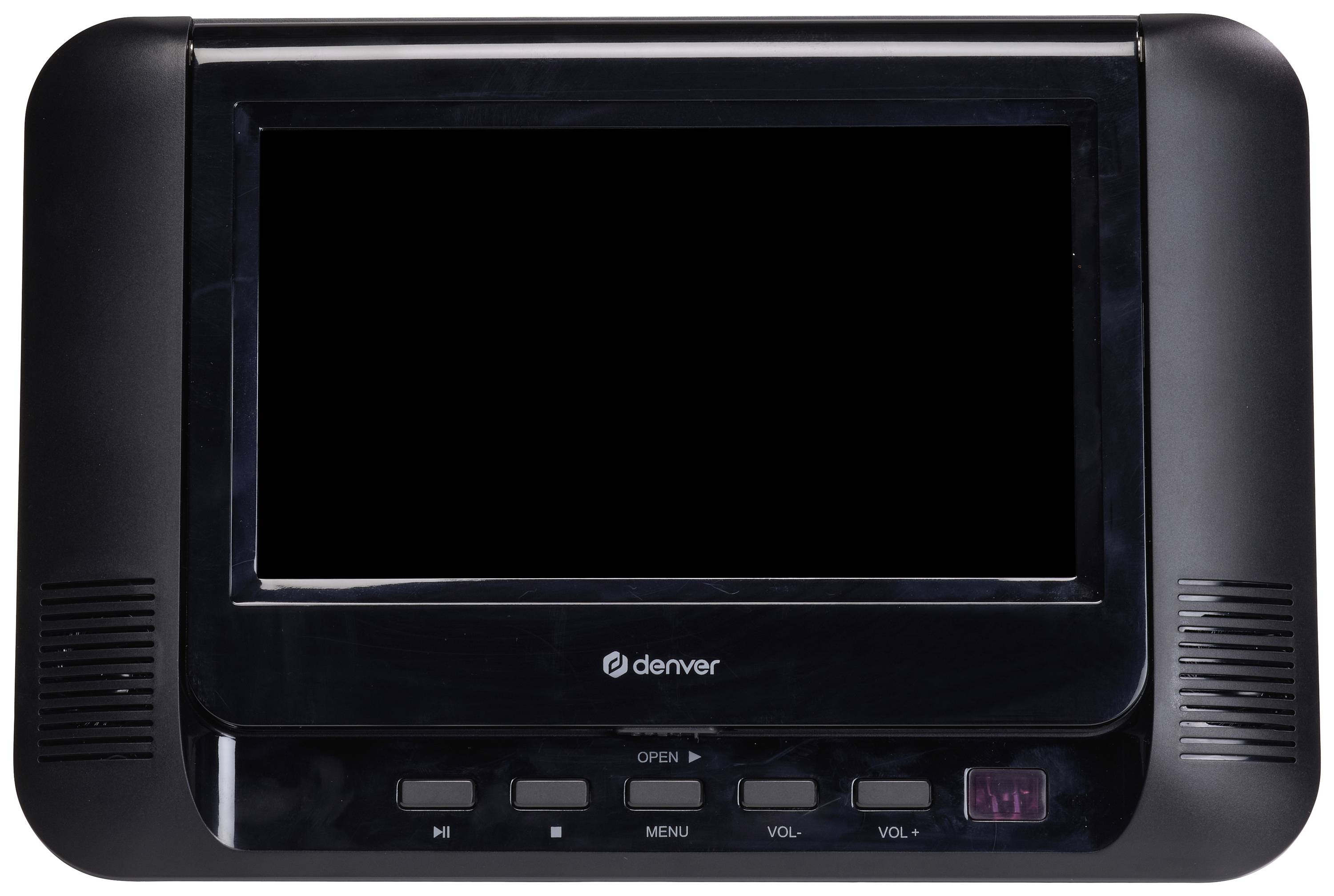 Schwarzer tragbarer DVD-Player mit Bildschirm in der Mitte; Tasten für Wiedergabe, Menü und Lautstärke unten.
