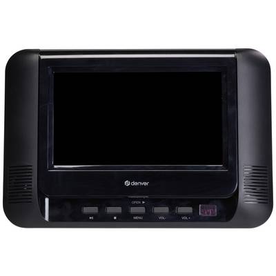 Schwarzer tragbarer DVD-Player mit Bildschirm in der Mitte; Tasten für Wiedergabe, Menü und Lautstärke unten.