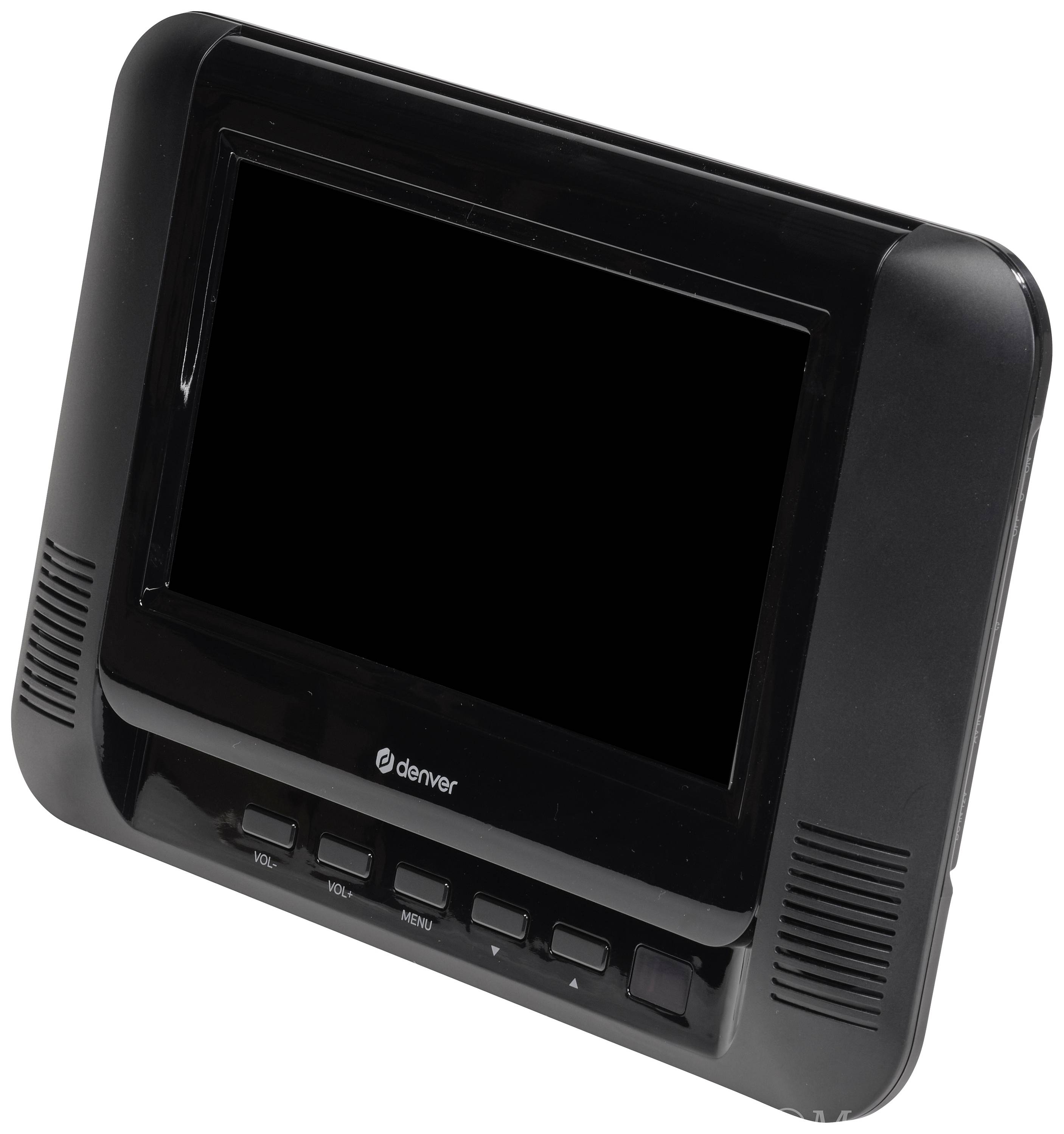Ein tragbarer DVD-Player mit schwarzem Gehäuse und integriertem Bildschirm. Unten befinden sich Bedienknöpfe wie Lautstärke und Menü.