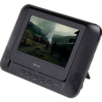 Tragbarer DVD-Player zeigt auf dem Bildschirm ein Filmszenenbild mit einer dampfenden Lokomotive in einer ländlichen Umgebung.