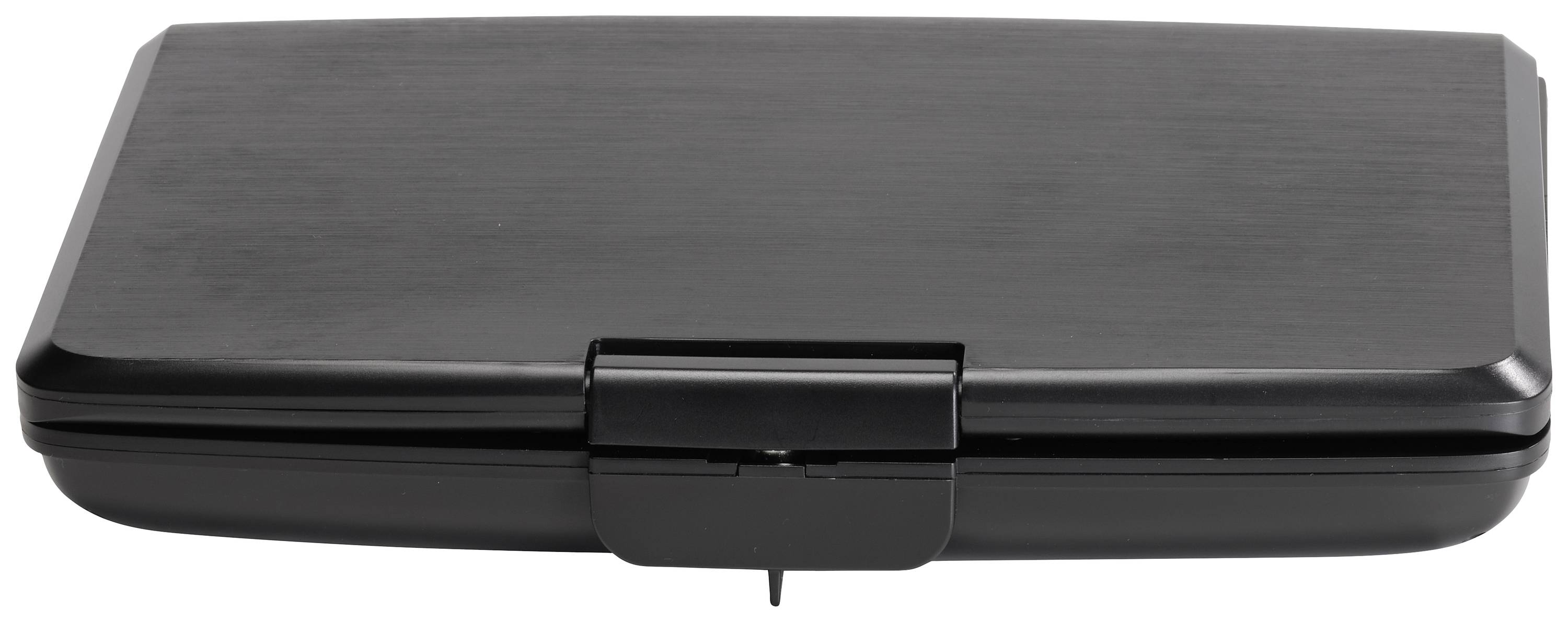 Schwarze, rechteckige Dose mit Klappverschluss. Ideal für die Aufbewahrung von kleinen Gegenständen oder Lebensmittel.