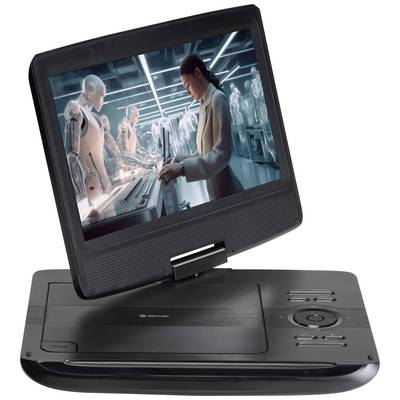 Eine Frau interagiert mit Mensch-ähnlichen Robotern in einem futuristischen Labor auf einem tragbaren DVD-Player-Bildschirm.