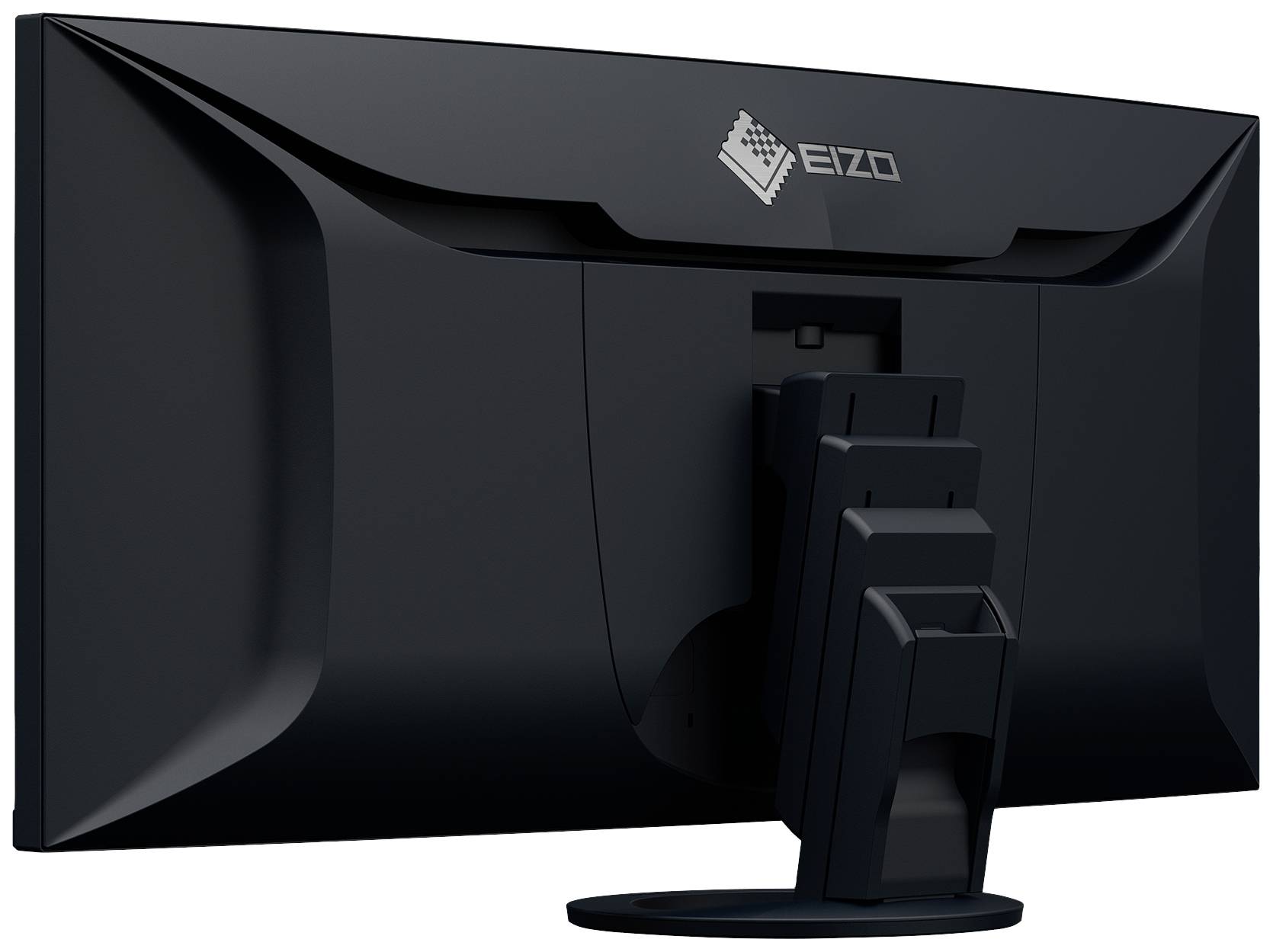 Ein schwarzer Computerbildschirm von hinten, Marke EIZO, mit Standfuß und VESA-Montageoptionen.