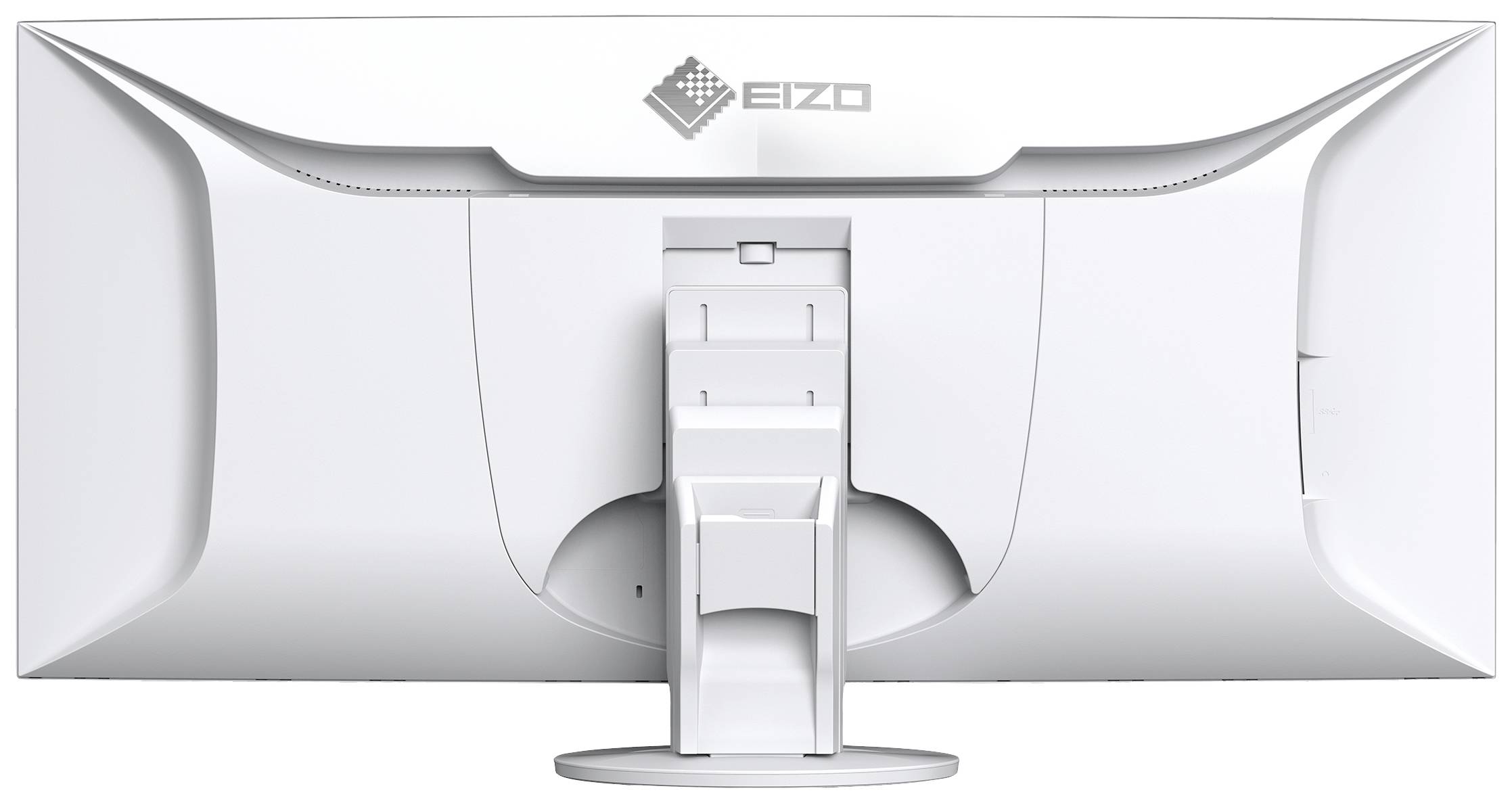 Hinteransicht eines weißen Monitors mit zentralem Standfuß und Logo oben.