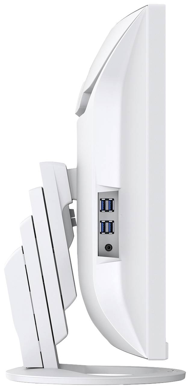 Ein weißer Monitor von der Seite mit mehreren USB-Anschlüssen und einem Audioanschluss, geeignet für Büro- oder Heimnutzung.