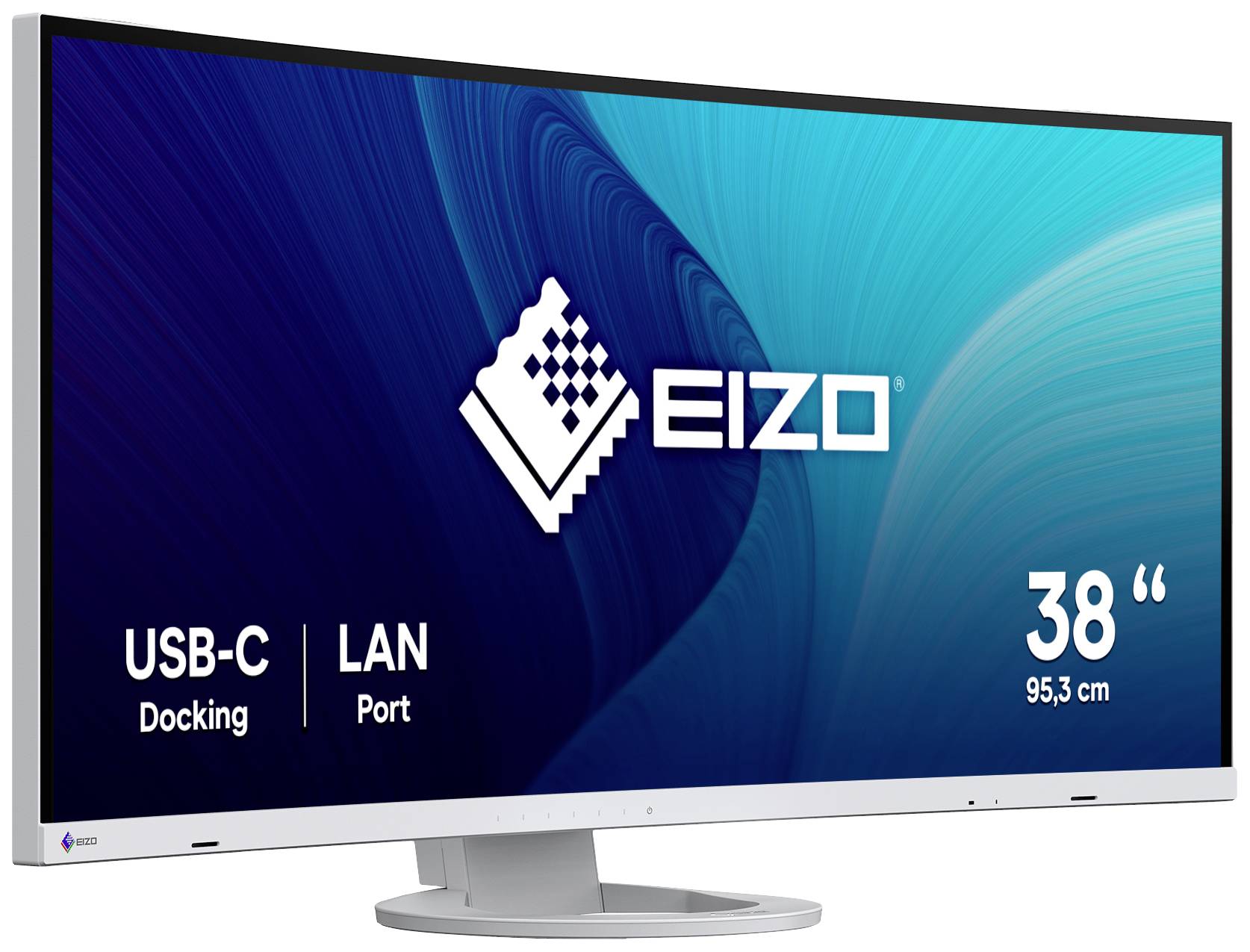Ein großer EIZO-Monitor mit 38 Zoll Display, USB-C Docking und LAN-Anschluss, vor einem blauen Hintergrund mit einem wellenartigen Muster.