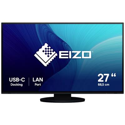 Ein Monitor mit dem Logo 'Eizo', Bildschirmgröße 27 Zoll, gezeigt. Funktionen: USB-C-Docking, LAN-Port. Hintergrund in Blautönen.