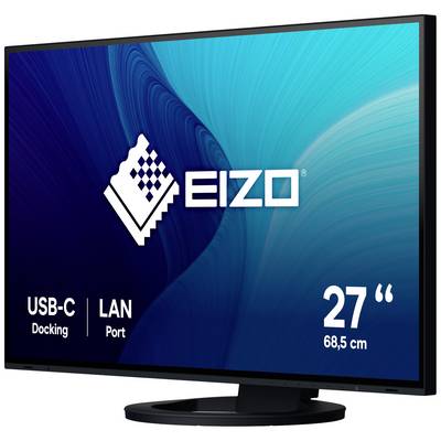 Ein Eizo-Monitor mit USB-C-Docking und LAN-Port, Bildschirmgröße 27 Zoll (68,5 cm) auf blauem Hintergrund.