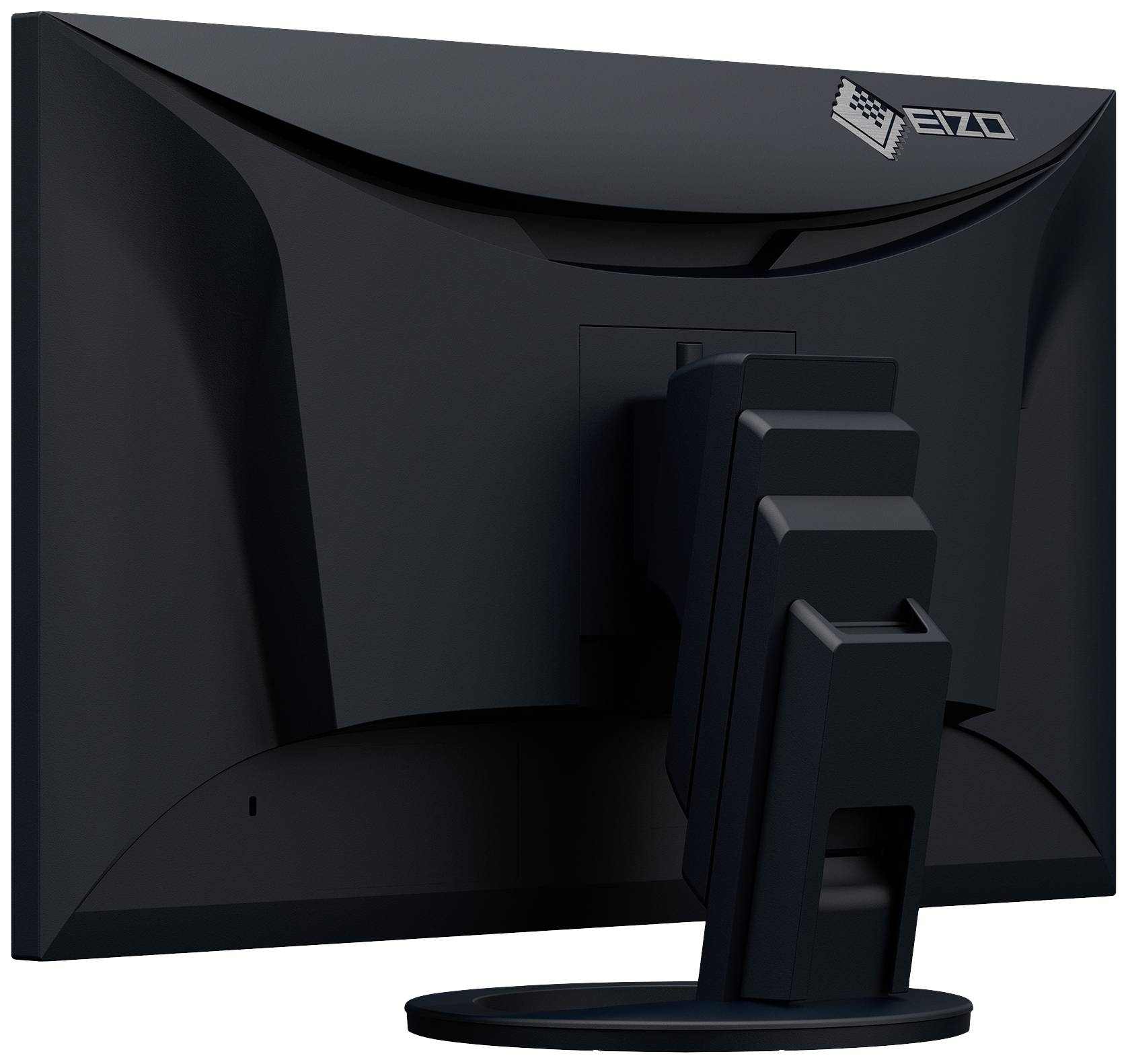 Ein schwarzer Computermonitor von Eizo, Rückansicht, zeigt den stabilen Standfuß und die Befestigung für flexibles Neigen und Drehen.