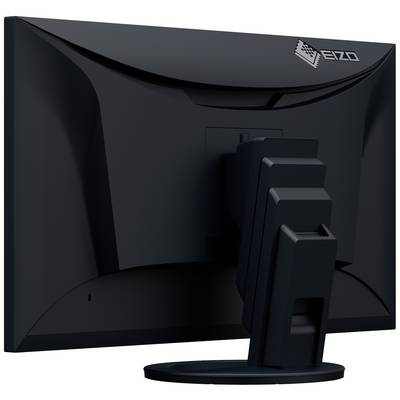 Ein schwarzer Computermonitor von Eizo, Rückansicht, zeigt den stabilen Standfuß und die Befestigung für flexibles Neigen und Drehen.