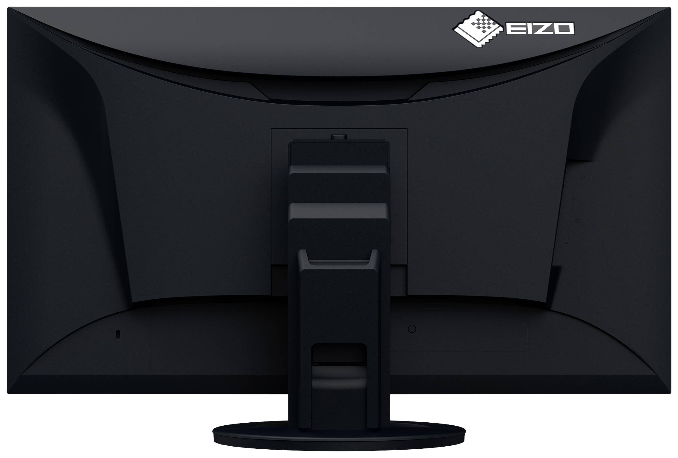 Ein schwarzer Computermonitor von hinten, mit einem Ständer und dem Logo 'EIZO' in der oberen rechten Ecke.