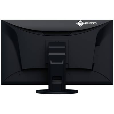 Ein schwarzer Computermonitor von hinten, mit einem Ständer und dem Logo 'EIZO' in der oberen rechten Ecke.