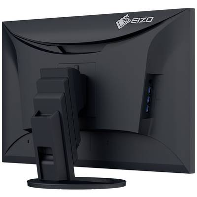 Rückansicht eines Computermonitors mit dem Logo 'EIZO' oben rechts. Der Monitor hat einen stabilen Standfuß und mehrere USB-Anschlüsse.