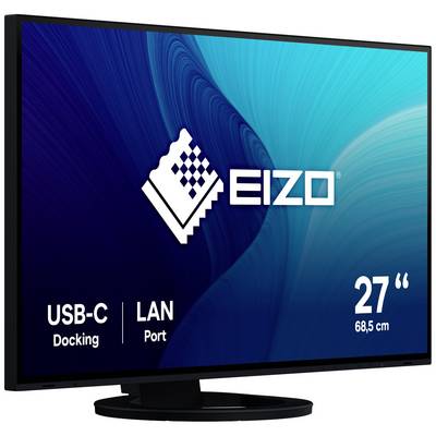 Monitor mit 68,5 cm (27 Zoll) Bildschirmdiagonale, USB-C Docking und LAN-Port. Bildschirm zeigt 'EIZO'-Logo auf blauem Hintergrund.