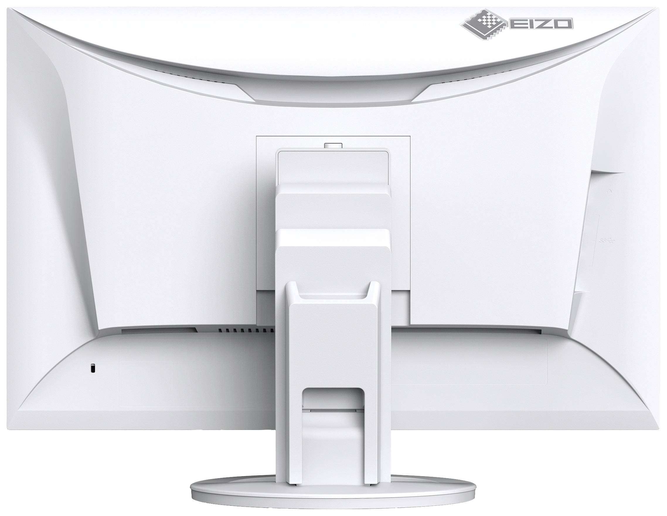 Ein weißer Computermonitor von hinten, montiert auf einem Standfuß. Das Markenlogo befindet sich oben rechts auf dem Rahmen.