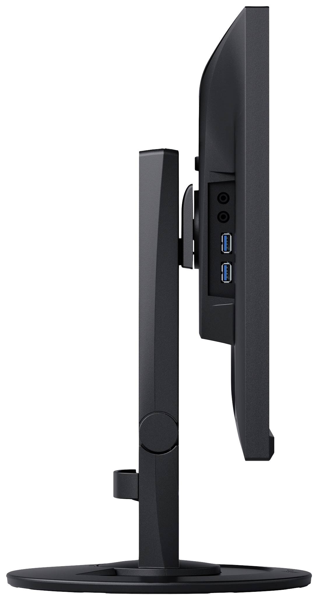 Seitenansicht eines schwarzen Computermonitors mit mehreren USB-Anschlüssen auf der Rückseite.