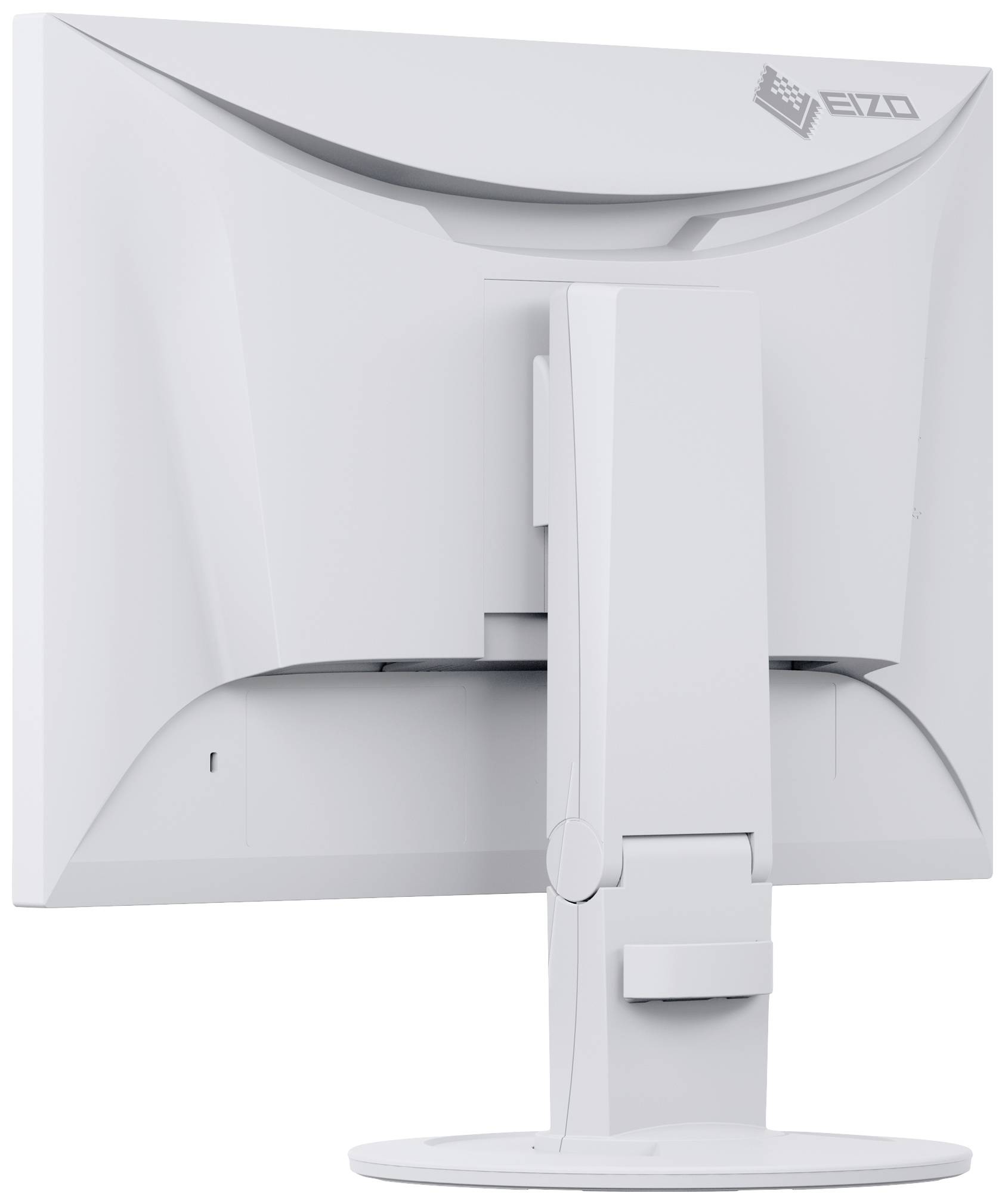 Ein weißer Computerbildschirm von hinten, so dass der Standfuß und das Design des Gehäuses sichtbar sind.