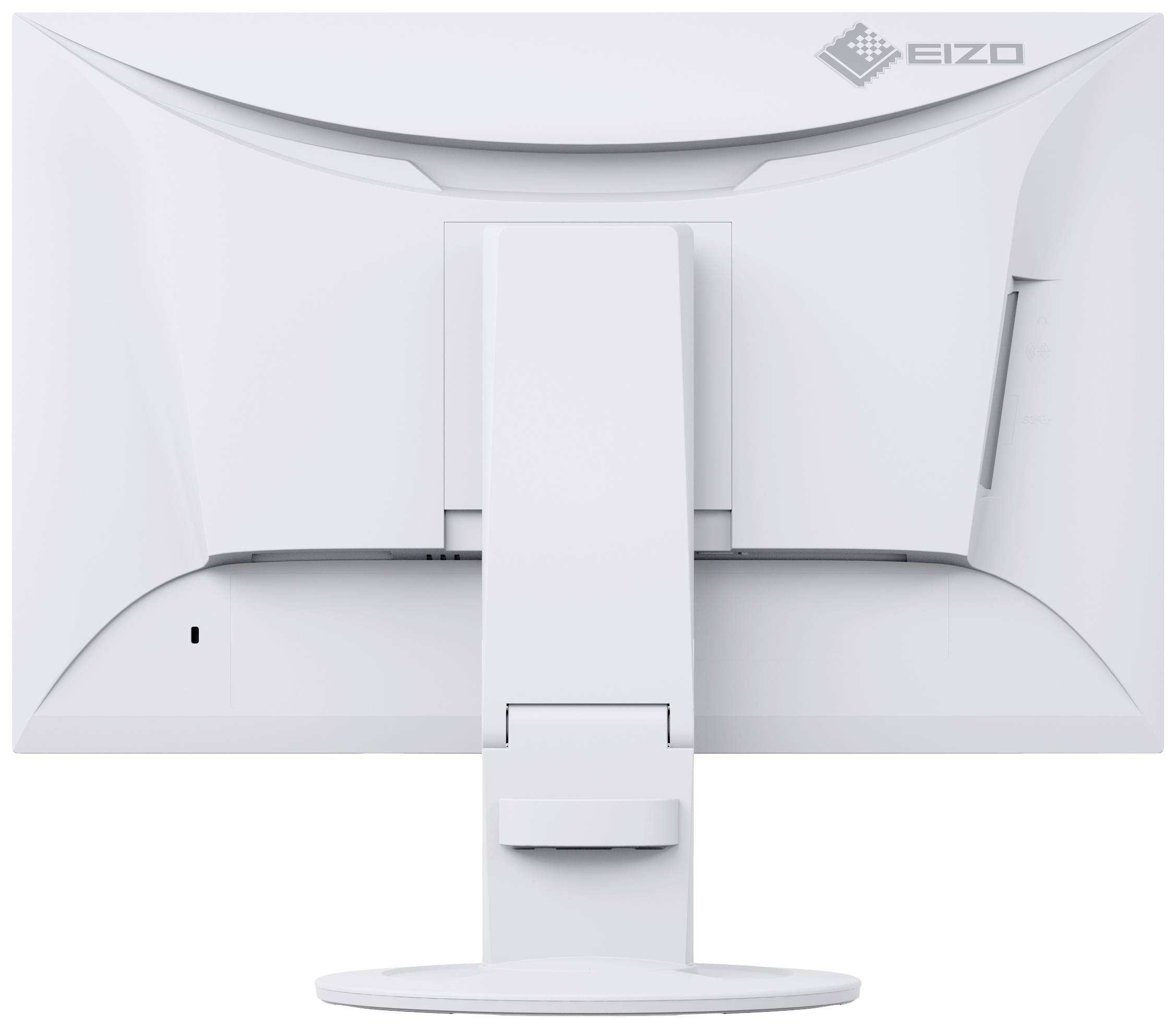 Ein weißer Computermonitor von hinten gezeigt, mit einem zentralen Standfuß, passend für Büroumgebungen.