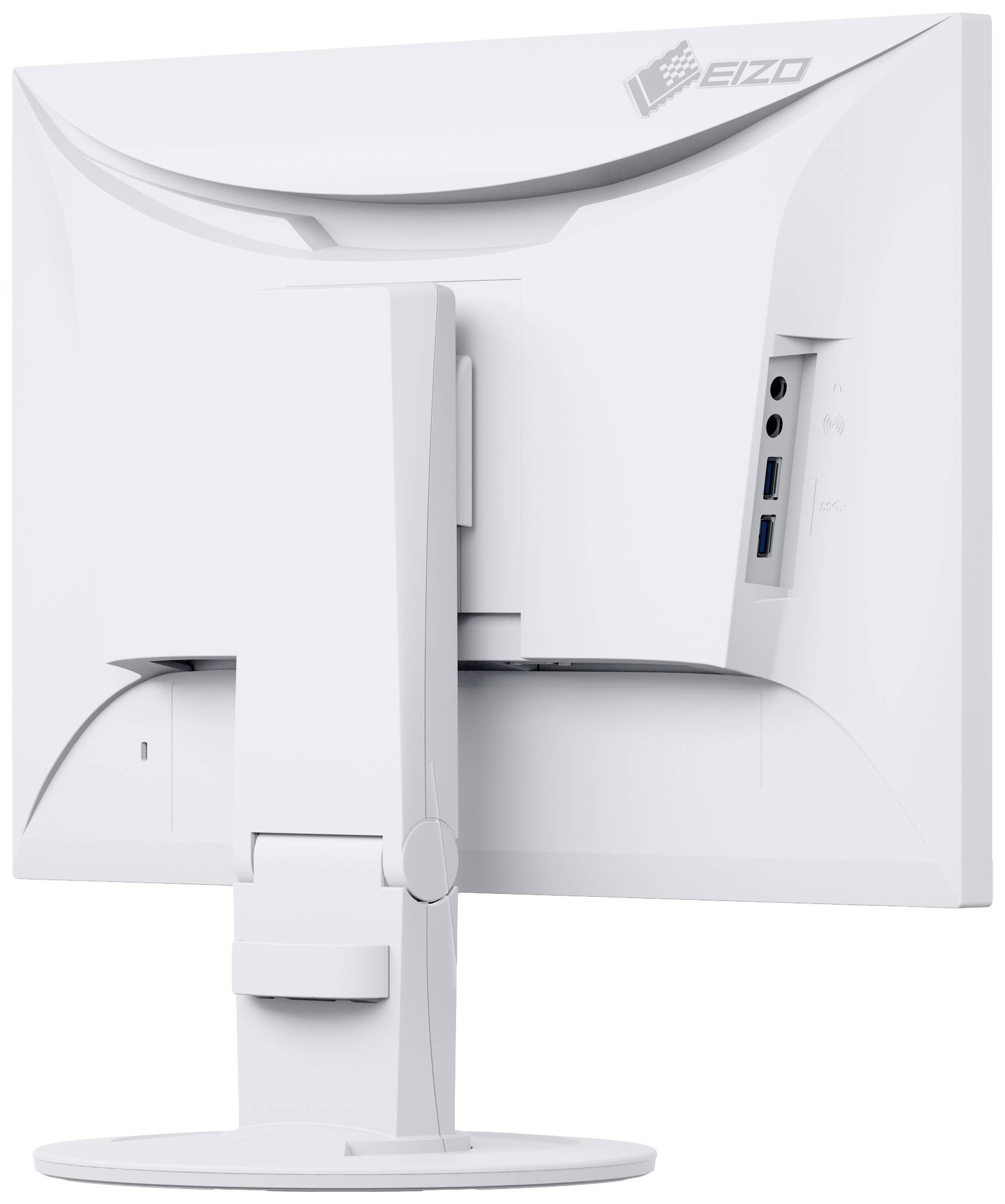 'Rückansicht eines weißen Computerbildschirms mit erkennbaren Anschlüssen. Der Bildschirm steht auf einem verstellbaren Standfuß.'