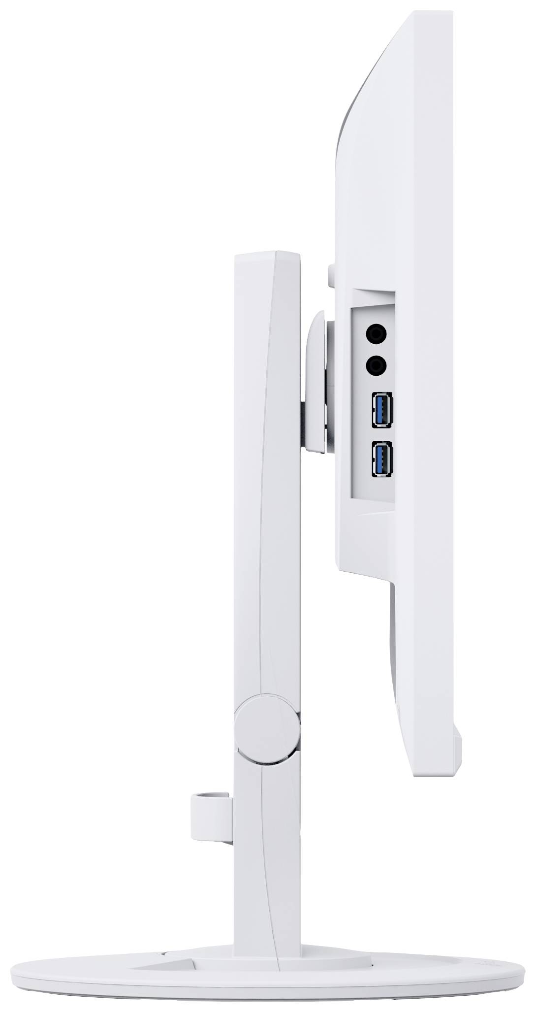 Seitenansicht eines weißen Computerbildschirms auf einem runden Standfuß. Zwei USB-Ports und weitere Anschlüsse sind sichtbar.