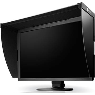 Ein professioneller, blendfreier Monitor mit schwarzer Abdeckhaube. Ideal für Grafikdesign und Bildbearbeitung.