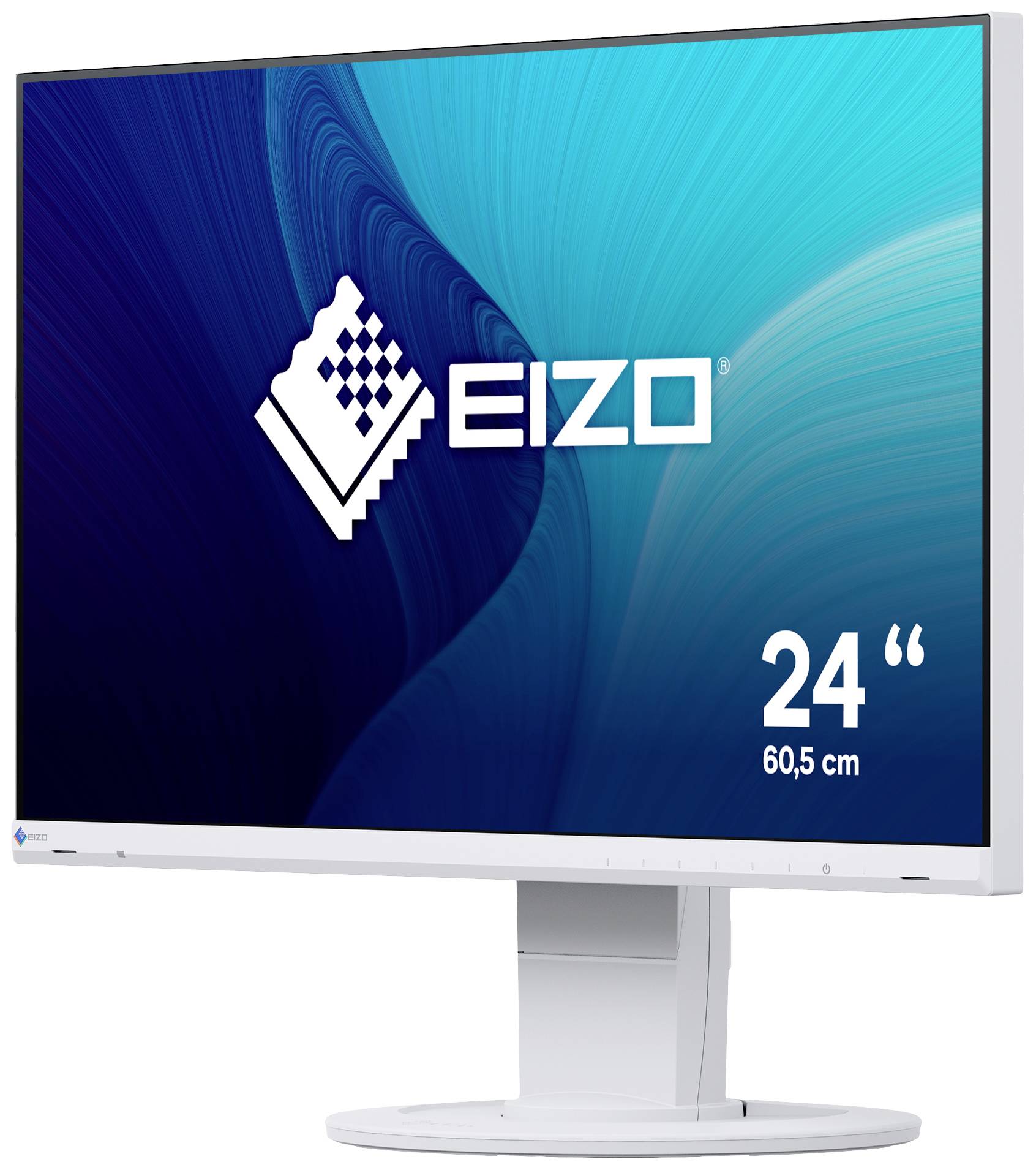 Ein Computermonitor der Marke EIZO mit 24 Zoll Bildschirmdiagonale. Der Bildschirm zeigt ein blaues Muster und das EIZO-Logo.
