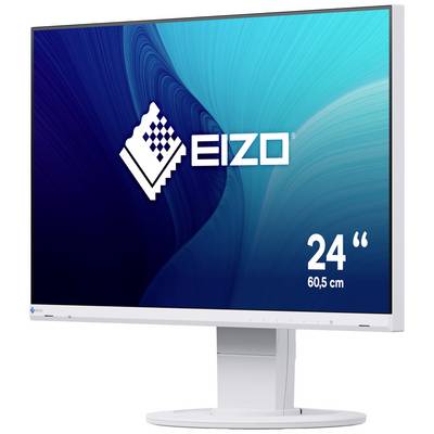 Ein Computermonitor der Marke EIZO mit 24 Zoll Bildschirmdiagonale. Der Bildschirm zeigt ein blaues Muster und das EIZO-Logo.