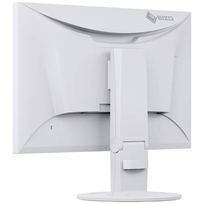 Ein Computermonitor von hinten, weißes Gehäuse, mit verstellbarem Standfuß für ergonomische Anpassung.
