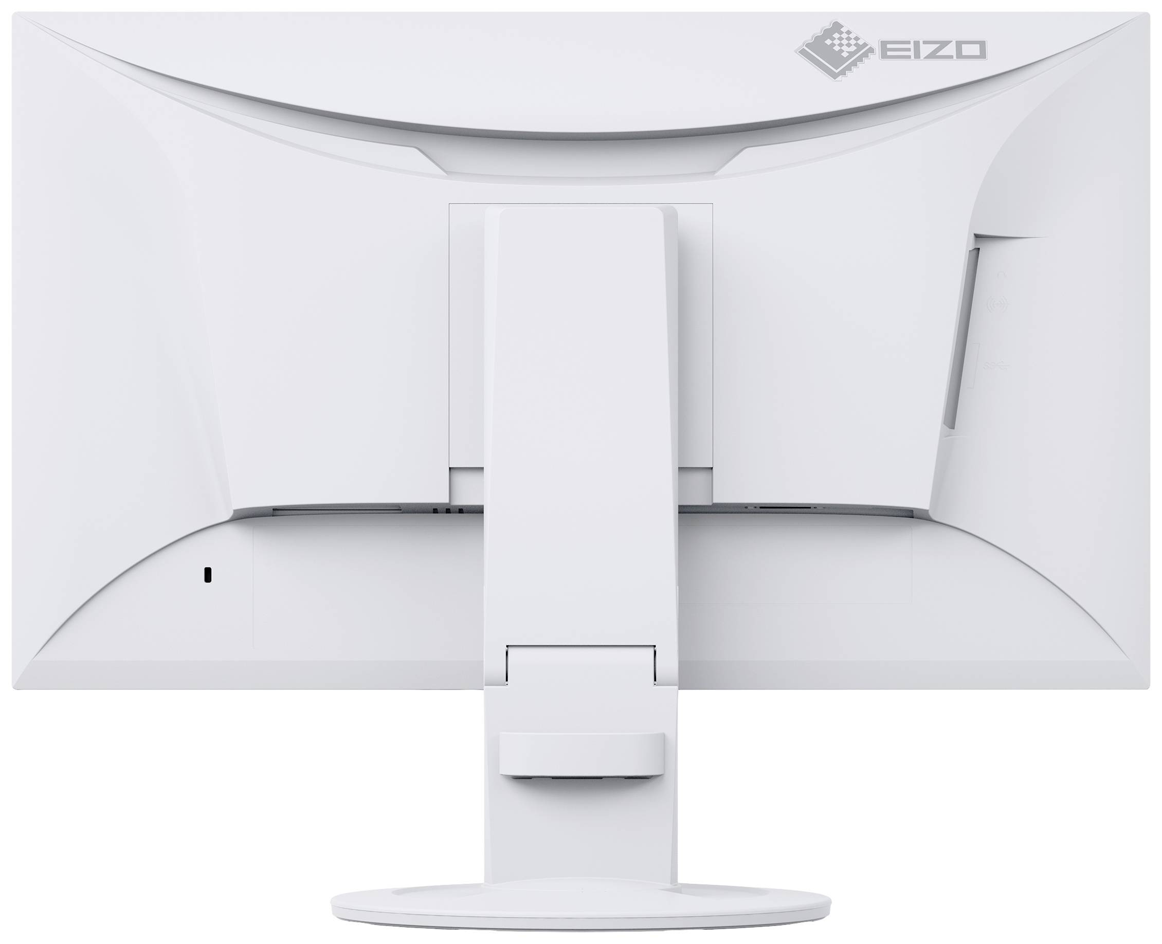 Ein weißer Computermonitor von hinten, mit einem zentralen Standfuß und einem schlichten, modernen Design.