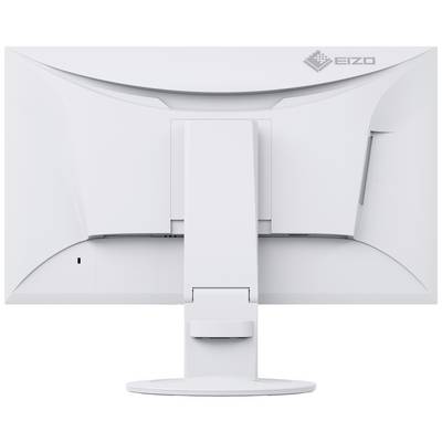 Ein weißer Computermonitor von hinten, mit einem zentralen Standfuß und einem schlichten, modernen Design.