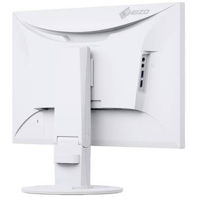 Ein weißer Computerbildschirm von hinten, mit Anschlüssen auf der rechten Seite und einem stabilen Standfuß.