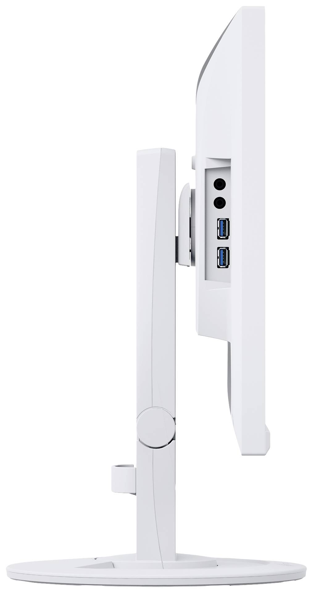 Seitenansicht eines weißen Computerbildschirms mit zwei USB-Anschlüssen und weiteren Verbindungsports; Monitor steht auf einem runden Sockel.