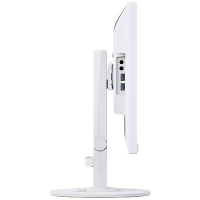 Seitenansicht eines weißen Computerbildschirms mit zwei USB-Anschlüssen und weiteren Verbindungsports; Monitor steht auf einem runden Sockel.