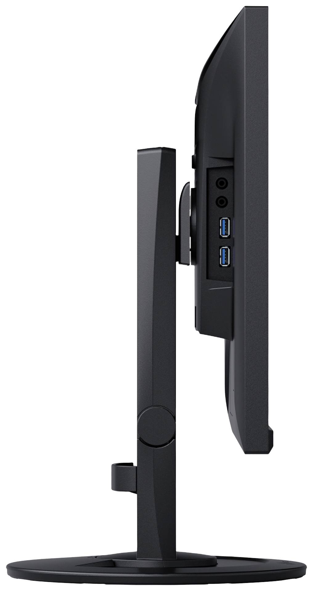 Ein schwarzer Computermonitor von der Seite gesehen, zeigt Anschlüsse und schmalen Rahmen, mit einer runden Basis und verstellbarem Standfuß.