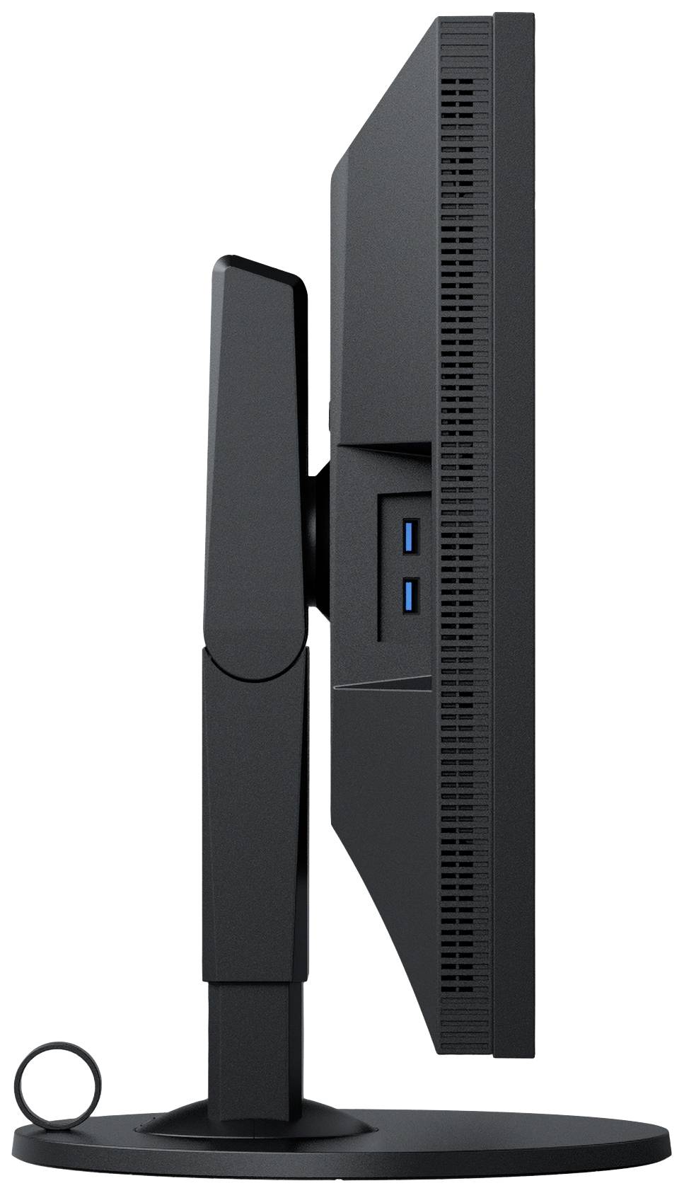 Seitenansicht eines schwarzen Computermonitors auf einem Standfuß, zwei USB-Anschlüsse sichtbar an der Seite.