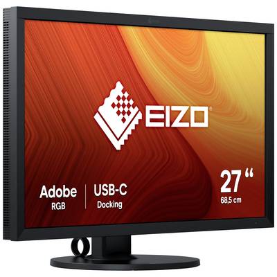 Ein Monitor mit einem 27 Zoll (68,5 cm) Bildschirm. Das Display zeigt das EIZO-Logo, 'Adobe RGB' und 'USB-C Docking' an.