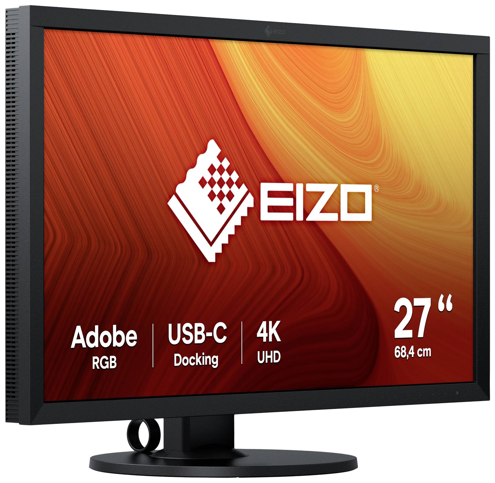 Ein schwarzer Monitor mit dem Logo 'EIZO' auf einem orange-roten Hintergrund. Text zeigt 'Adobe RGB', 'USB-C Docking', '4K UHD', '27 Zoll'.